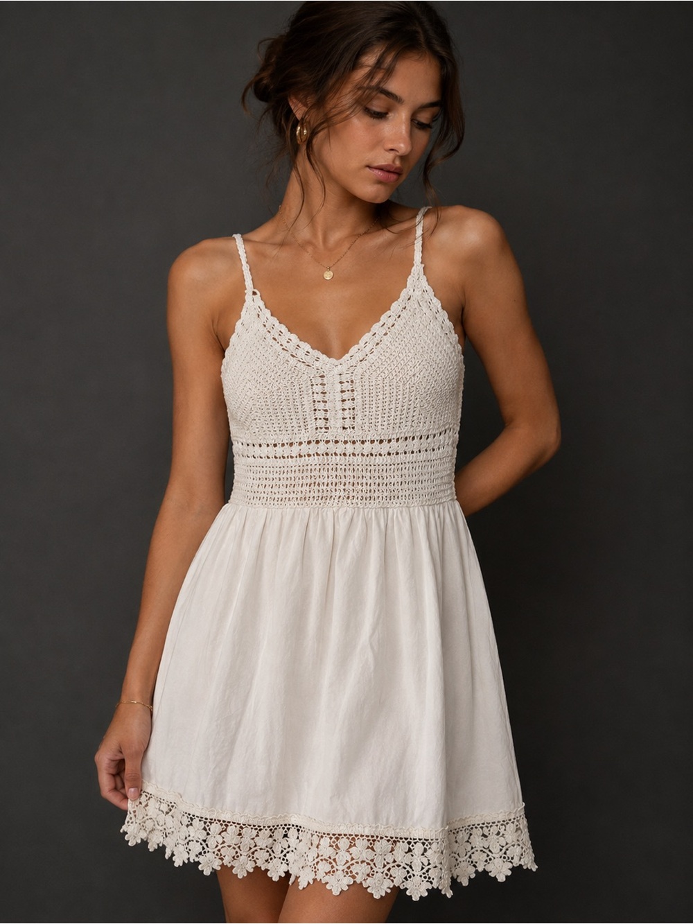 Crochet-Trim Cream Mini Dress with Lace Hem see measurements
